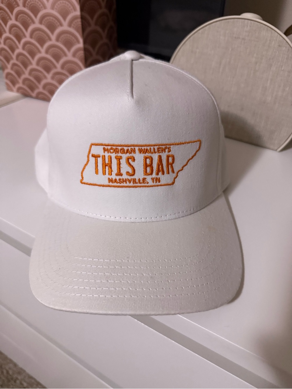 Morgan wallen THIS BAR White trucker Cap with Orange Embroidery